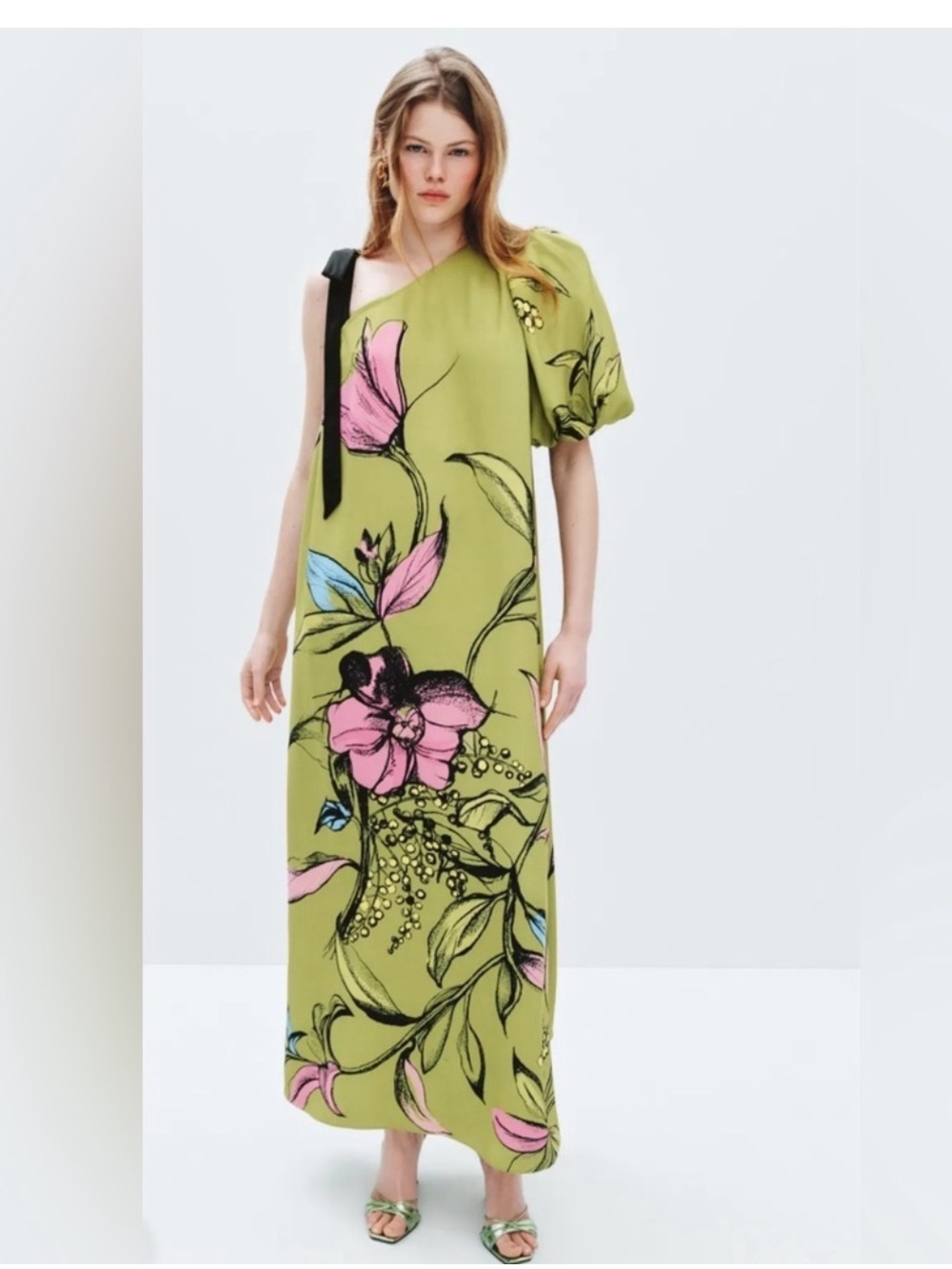 STINE GOYA EUC One-Shoulder Floral Maxi Dress with Pink & Blue Accents